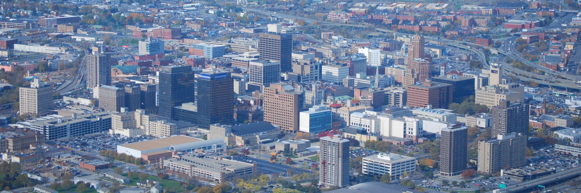 Syracuse, New York skyline at dusk